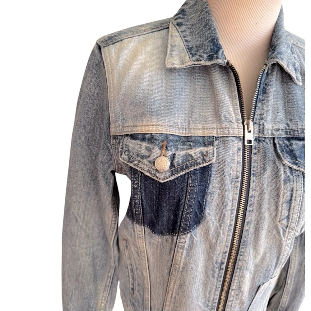 Lucky Brand Patchwork Tommy Trucker Denim Jacket Jean Jacket Zip Front Blue S